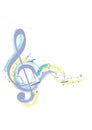Abstract musical design with a colourful treble clef and musical waves, notes and splashes. Royalty Free Stock Photo
